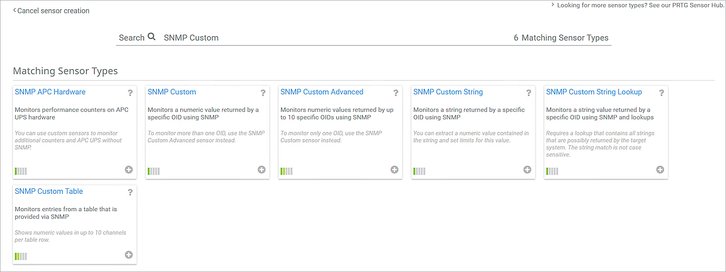 Screenshot of the Add Custom Sensor page in PRTG